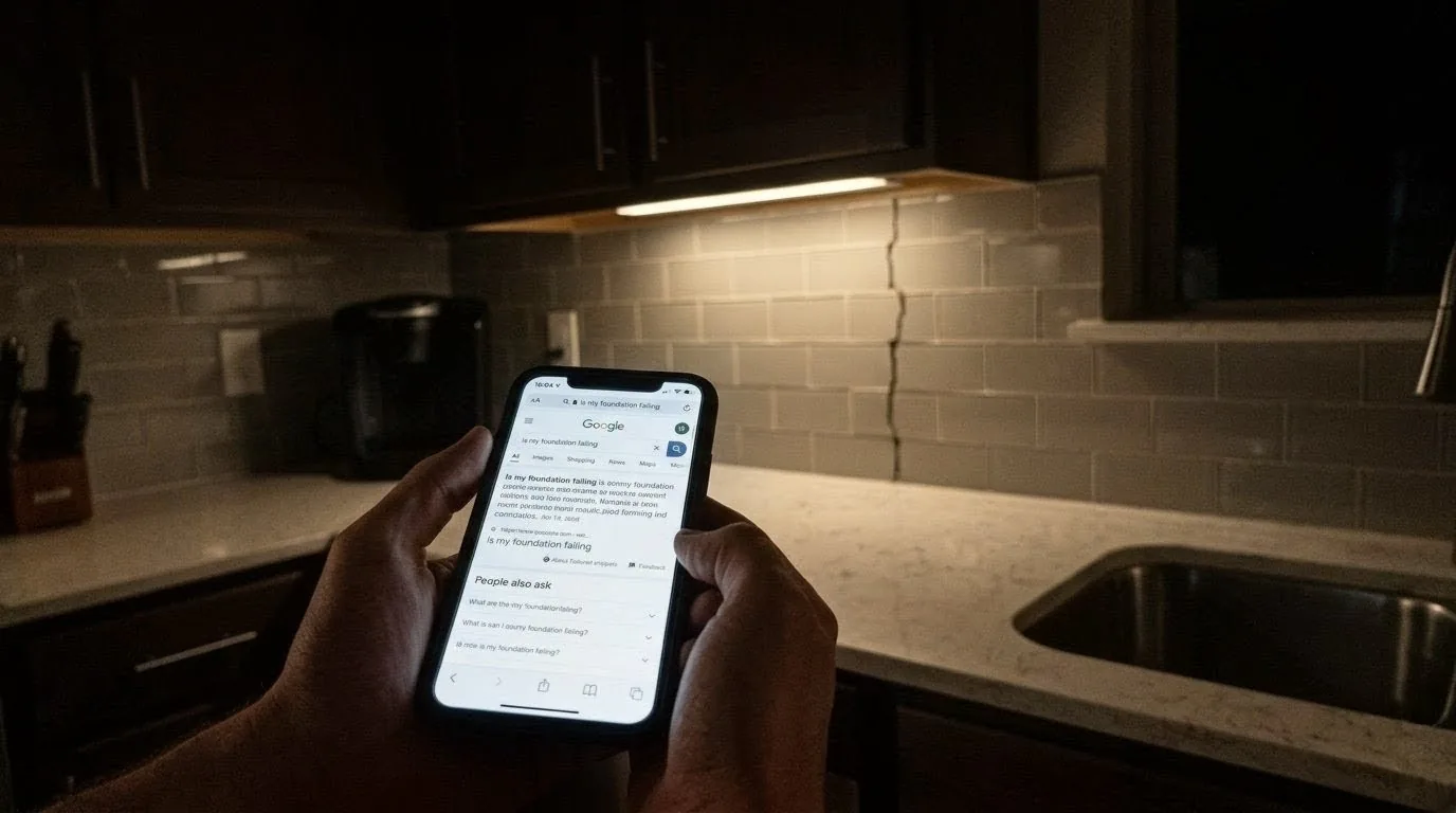 Homeowner searching Google on a phone for a plumber after spotting a leak in the kitchen